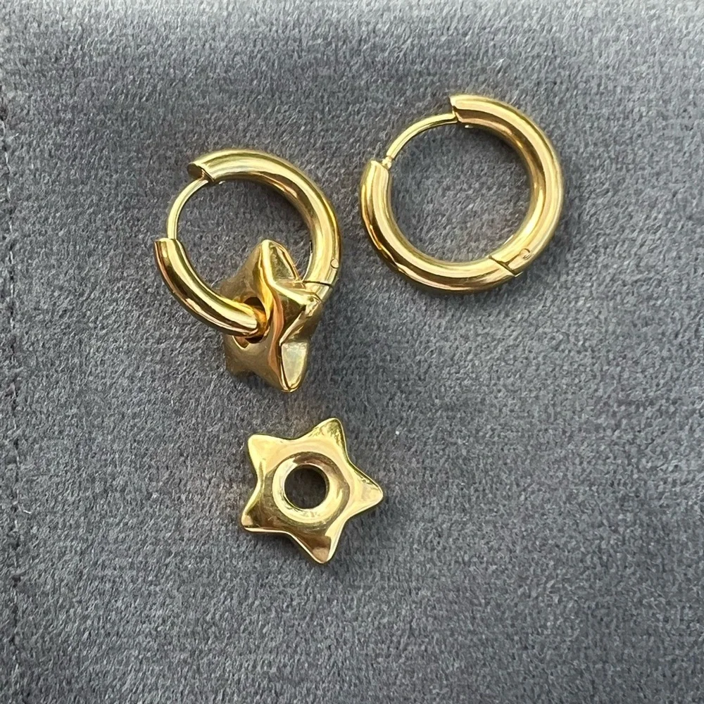 Two in One Gold Star Charm Hoop Earrings - Women Jewelry Stainless steel - Picture 6 of 8